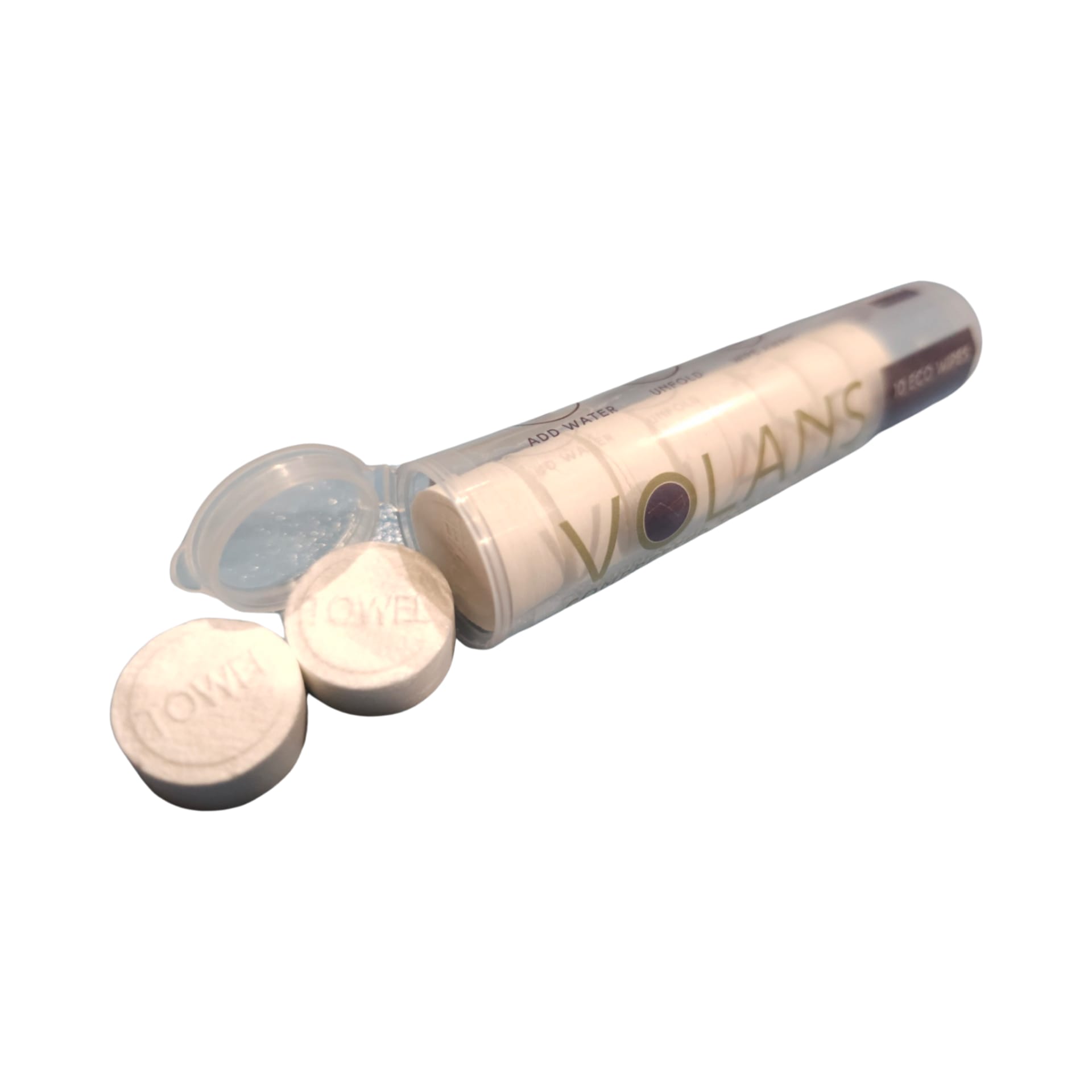 Volans eco wipe tablets compressed towels in a tube