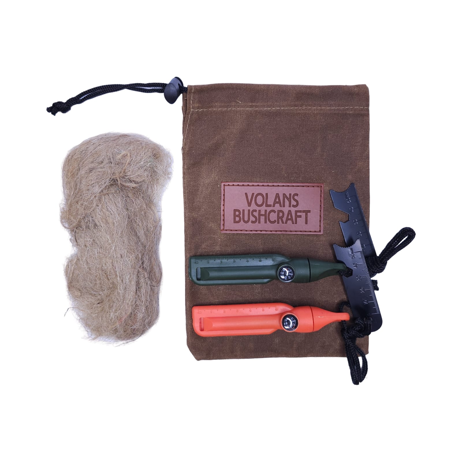 Ferro rod kit with compass whistle sheath bag and jute