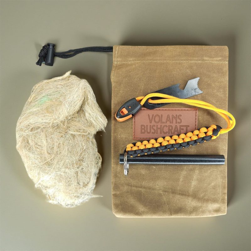 Ferro rod striker with paracord, whistle, bushcraft bag & Jute tinder bundle