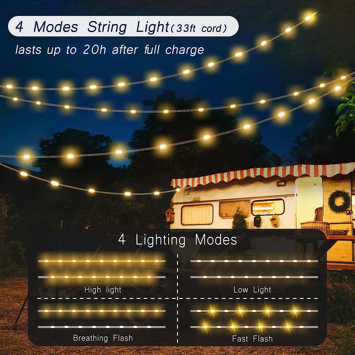 Camping String Lights Camping Lantern String Light 33Ft Camping Light 8  Modes