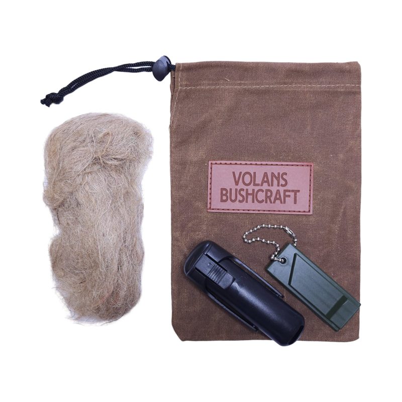 Whistle & Single-Handed Bushcraft Fire Steel Combo with Waxed canvas bag & Jute tinder bundle