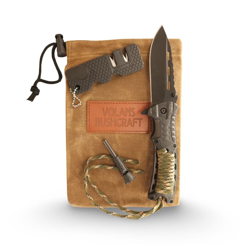 Survival Folding Knife with knife sharpener & Bushcraft bag
