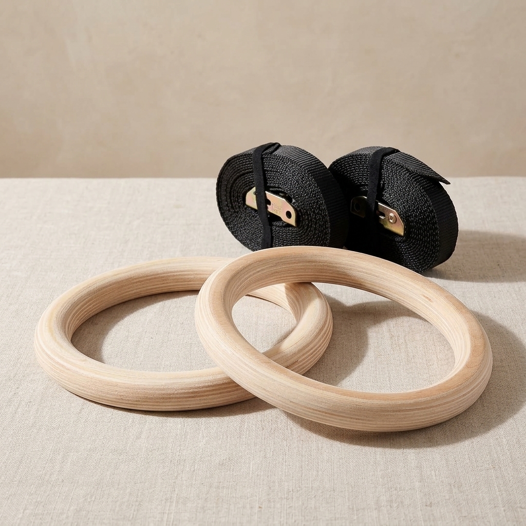 Birch Wood Gymnastics Rings with 4.5m Quick-Adjust Numbered Straps