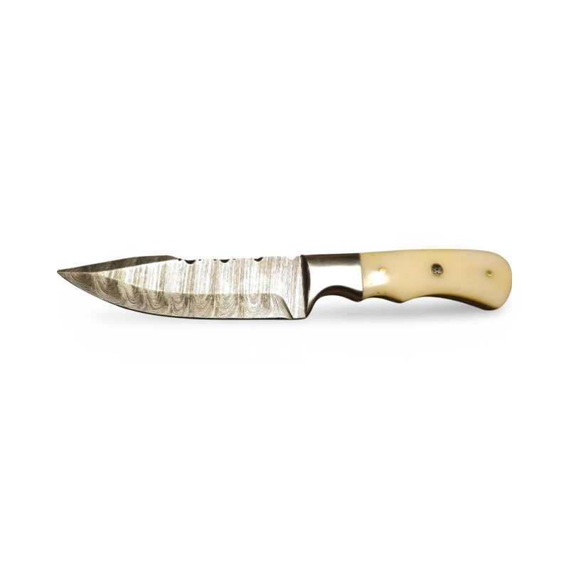 Damascus Hunting Knife – Camel Bone Handle, 21cm Overall Length, with Cowhide Leather Scabbard