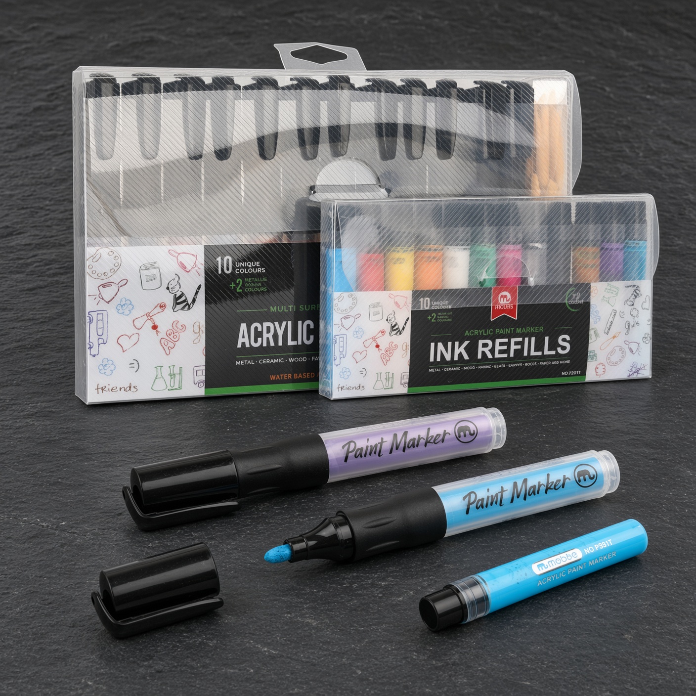 Acrylic Paint Marker Set | 12 Colours + 12 Refills + 24 Tips