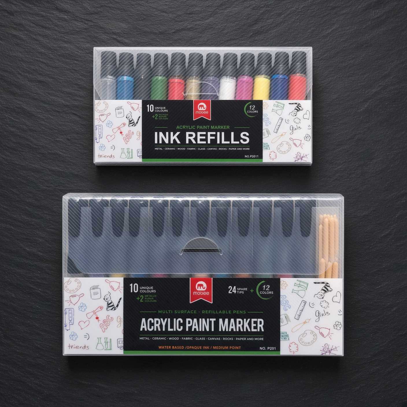 Acrylic Paint Marker Set | 12 Colours + 12 Refills + 24 Tips - Acrylic paint pens + Refills