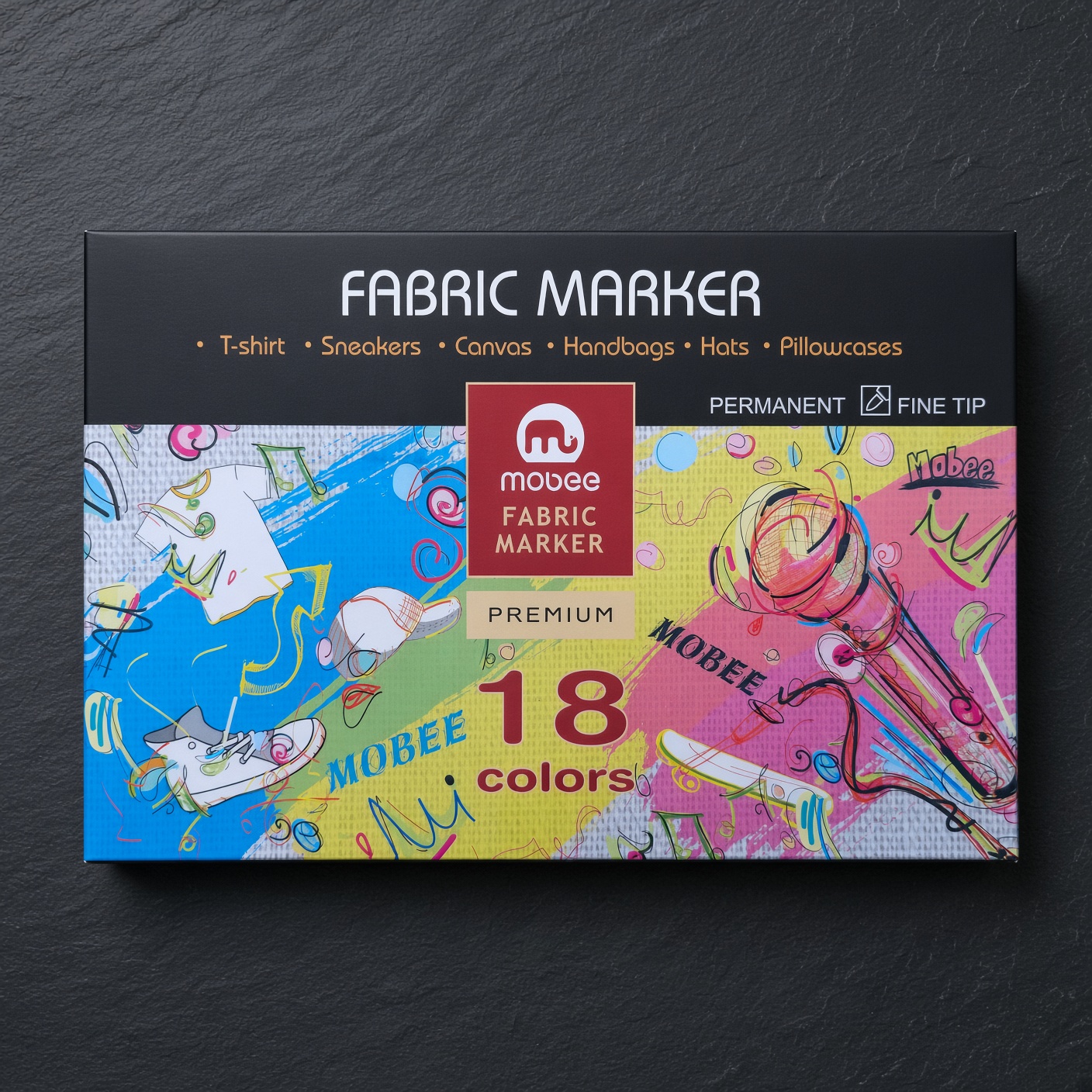 Mobee 18 Colour Fabric Marker Set | Permanent Fine Tip Markers for Shoes, Clothes, Phone Cases & Canvas